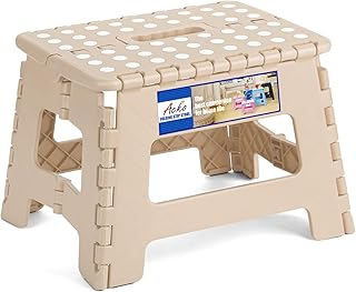 ACKO Folding Step Stool 9 Inch Step Stool 300 lb Capacity Plastic Foldable Step Stools for Kids and Adults, Folding Stool Suitable for Kitchen, Stepping Stool with Handle Khaki Small Step Stool 1PC