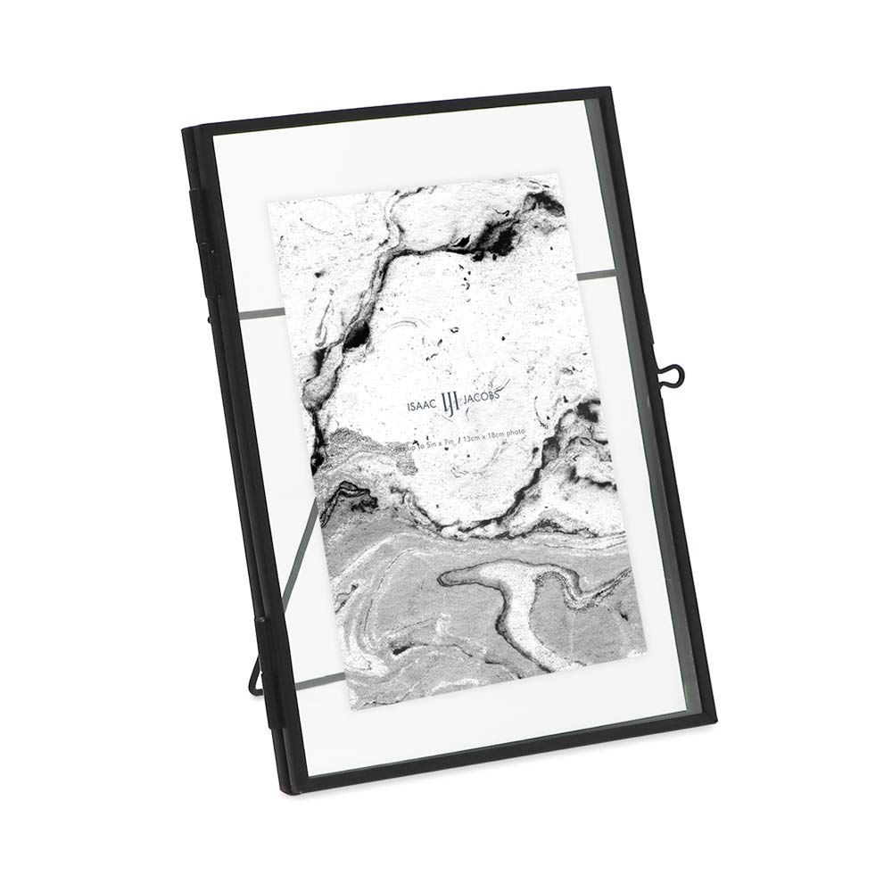 Isaac Jacobs 5x7, Black Modern Style Brass and Glass, Pressed Glass, Metal Floating Desk Photo Frame (Vertical), with Locket Closure for Pictures, Art, Mementos & Keepsakes (5x7, Black)