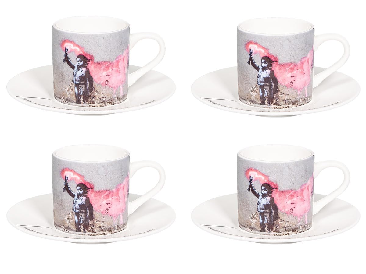Könitz Espresso Tassen Set Banksy Young refugee. 4 Kaffeetassen 65ml aus Fine Bone China Porzellan. Espressotassen modern, bunt