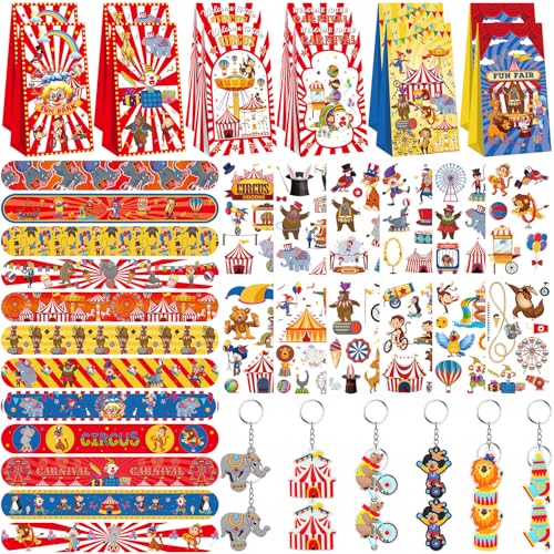 LSJDEER Bolsas de regalo de fiesta de circo, 12 pulseras de bofetadas, 12 bolsas de fiesta de carnaval, 12 calcomanías de tatuaje, 12 llaveros de carnaval para suministros de fiesta de cumpleaños