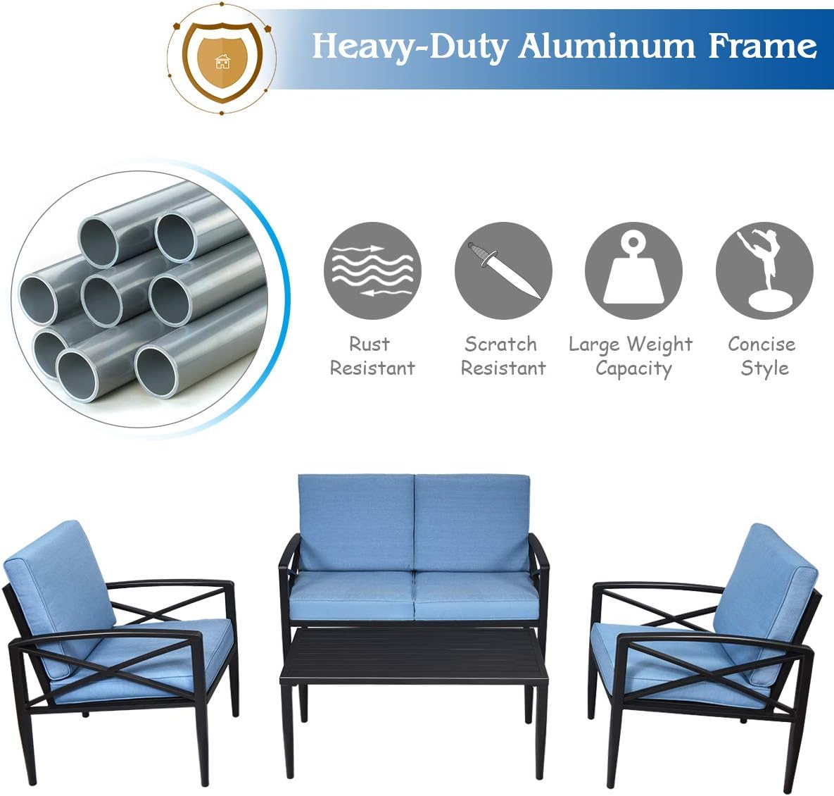 Tangkula 4PCS Outdoor Aluminum Patio Conversation Set, Patio Sofa Set 1 Loveseat, 2 Single Sofas, 1 Coffee Table, Outdoor Furniture Set w/Padded Cushions for Garden, Yard, Pool, Backyard (1, Blue)
