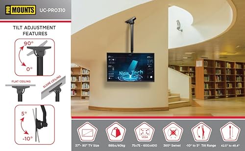 Promounts Ceiling Tv Mount, Hanging Swivel Tv Mount Bracket For Flat/Curved Displays Fits Most 37-80 Inch Lcd Led Oled Tvs, Tv Pole Mount For Flat/Sloped Ceiling, Max Vesa 600X400Mm #TOP1