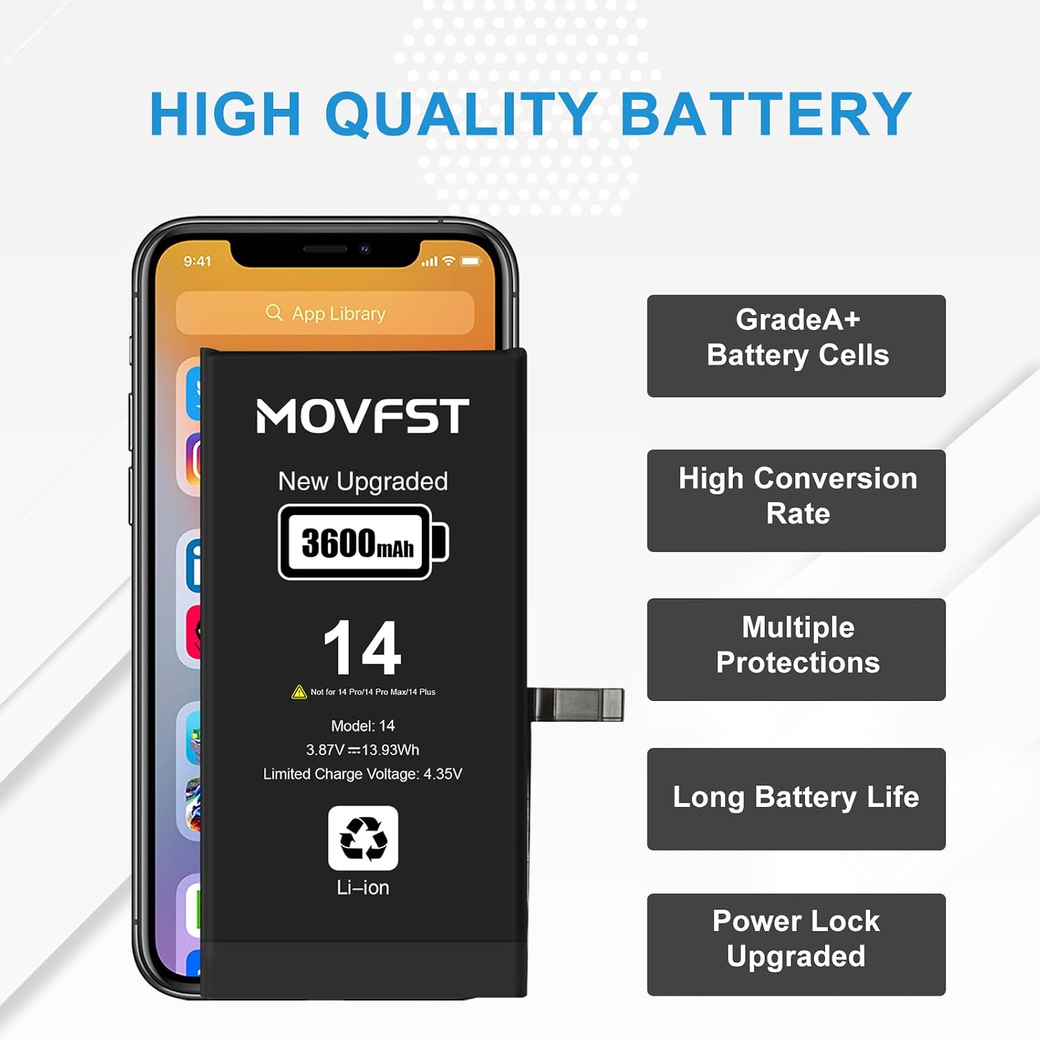 Replacement for iPhone 14 Battery,3600mAh Li-ion Polymer High Capacity Battery Fit for iPhone 14 Model A2882 A2649 A2881 A2884 A2883 with Repair Tool Kits