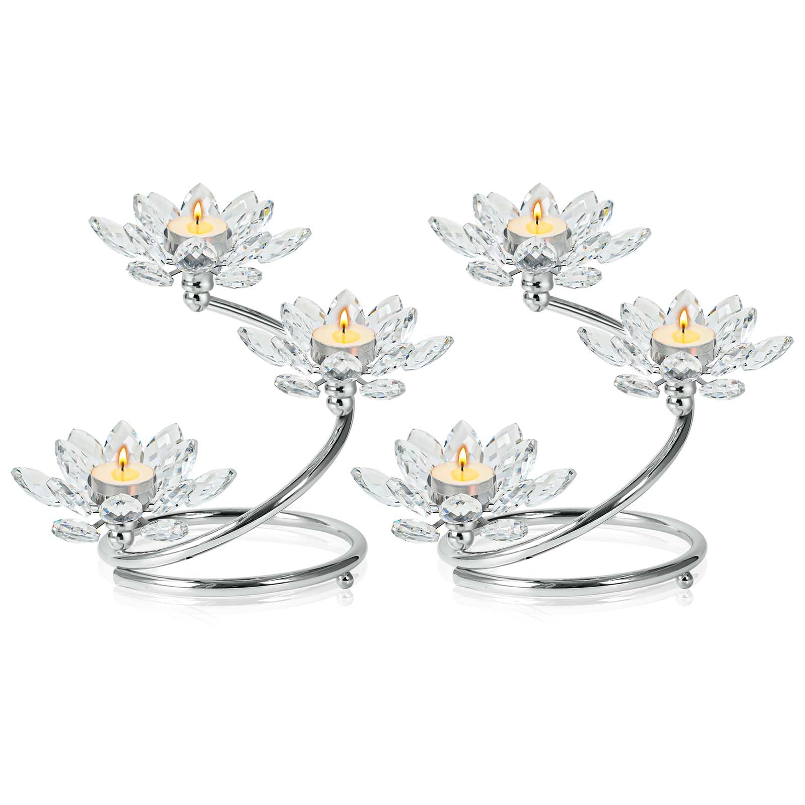 Silver 2 Pcs Crystal Flower Shaped Candle Holder Set, 3-Arm Metal Votive Tea Light Candlestick for Table Centerpiece, Home Wedding Party Anniversary Decor