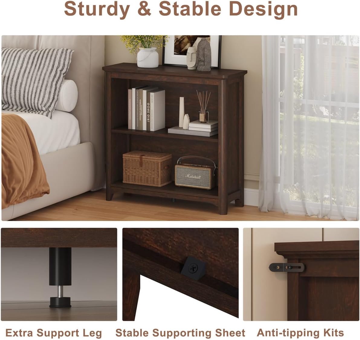 BON AUGURE Wooden Bookshelf Bookcase, 2-Tier Compact Wood Book Shelf with Adjustable Display Storage Shelves, Floor Standing Book Case for Living Room, Office, Brown Cherry