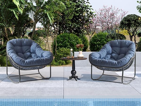 Oversized Outdoor Papasan Rocking Chair Set of 2 with Soft Cushion, Comfy Patio Egg Chair, Wicker Lounge Rocker for Balcony/Porch/Garden, Reinforced All Weather Rattan Frame, Navy Blue