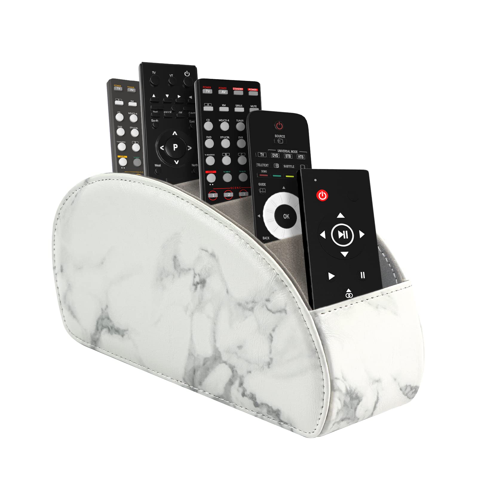 WAYIFON Fernbedienungshalter mit 5 Taschen, Große Halterung für TV, DVD,4K Stick und Bluray Fernbedienungen, Fernbedienung Aufbewahrung für Stifte，M-Marmor Weiß