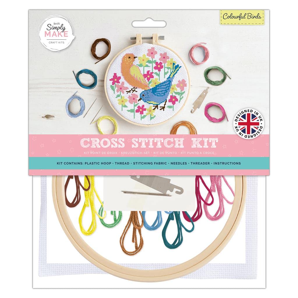 Simply Make Adults Colourful Birds Embroidery Craft Cross-Stitch Kit, Makes A Perfect Present, Creativity, Hobby Enthusiast, Ideal Beginners First Starter Sets, Make Your Own DIY Crafts