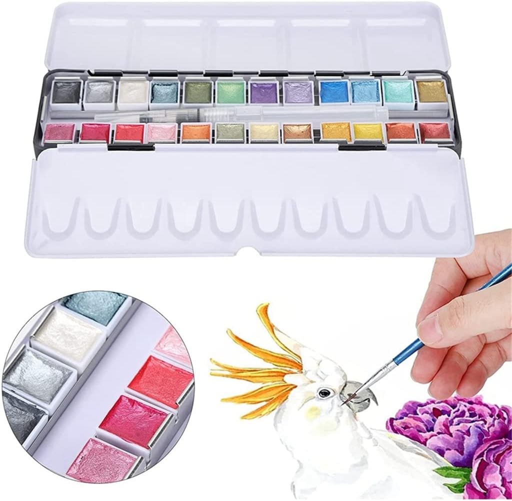 Watercolor Pigment 24 Color Solid Paint Set with Brush Beginners Artists