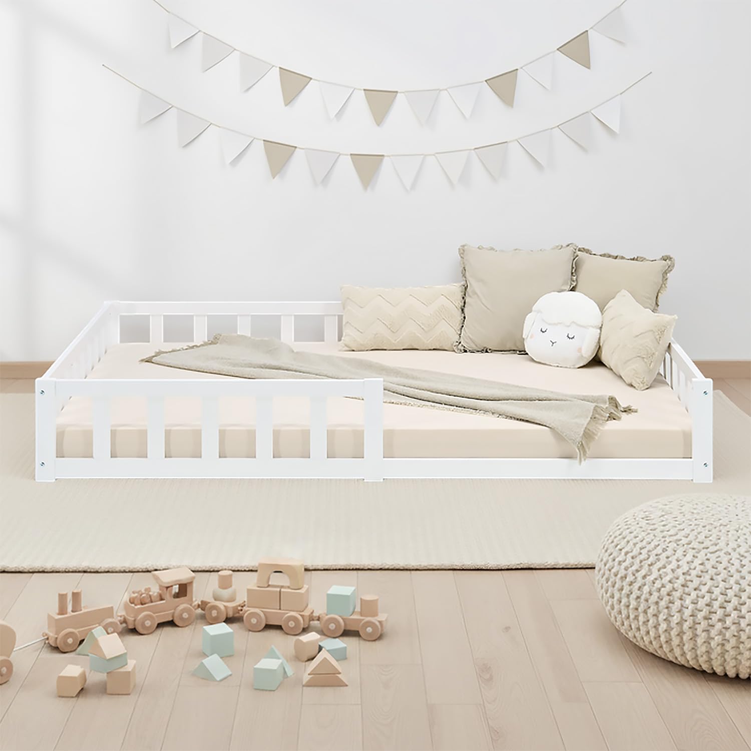 Homestyle4u Lit de sol, 120 x 200 cm, blanc, Montessori, pour enfant, avec protection anti-chute, en bois, sommier à lattes