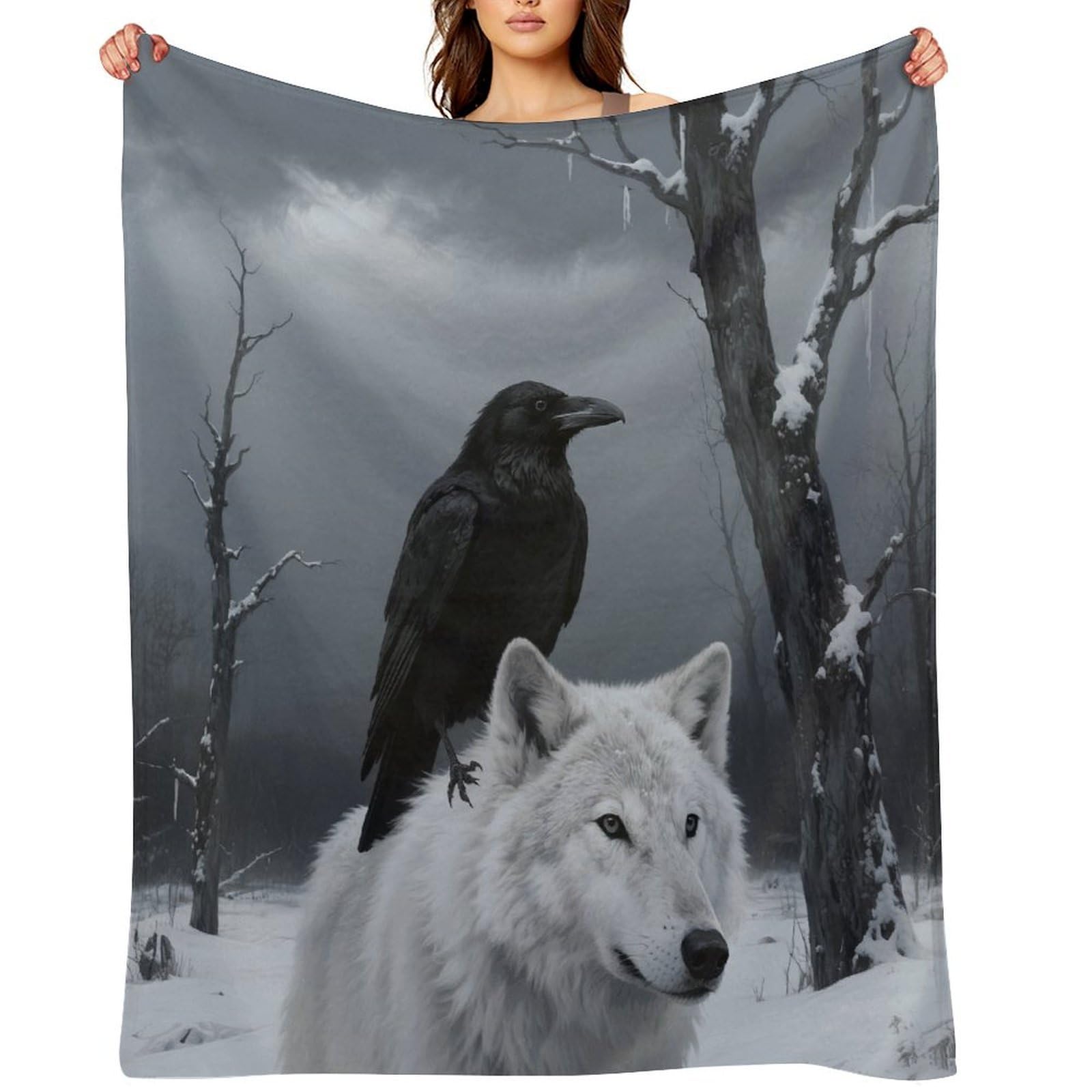Crow and White Wolf Throw Blanket for Couch and Bed Super Soft Warm Lightweight Throw Blankets Cozy Fuzzy Flannel Blanket Personalized Decorative Blankets for Sofa Decor 30"x40"