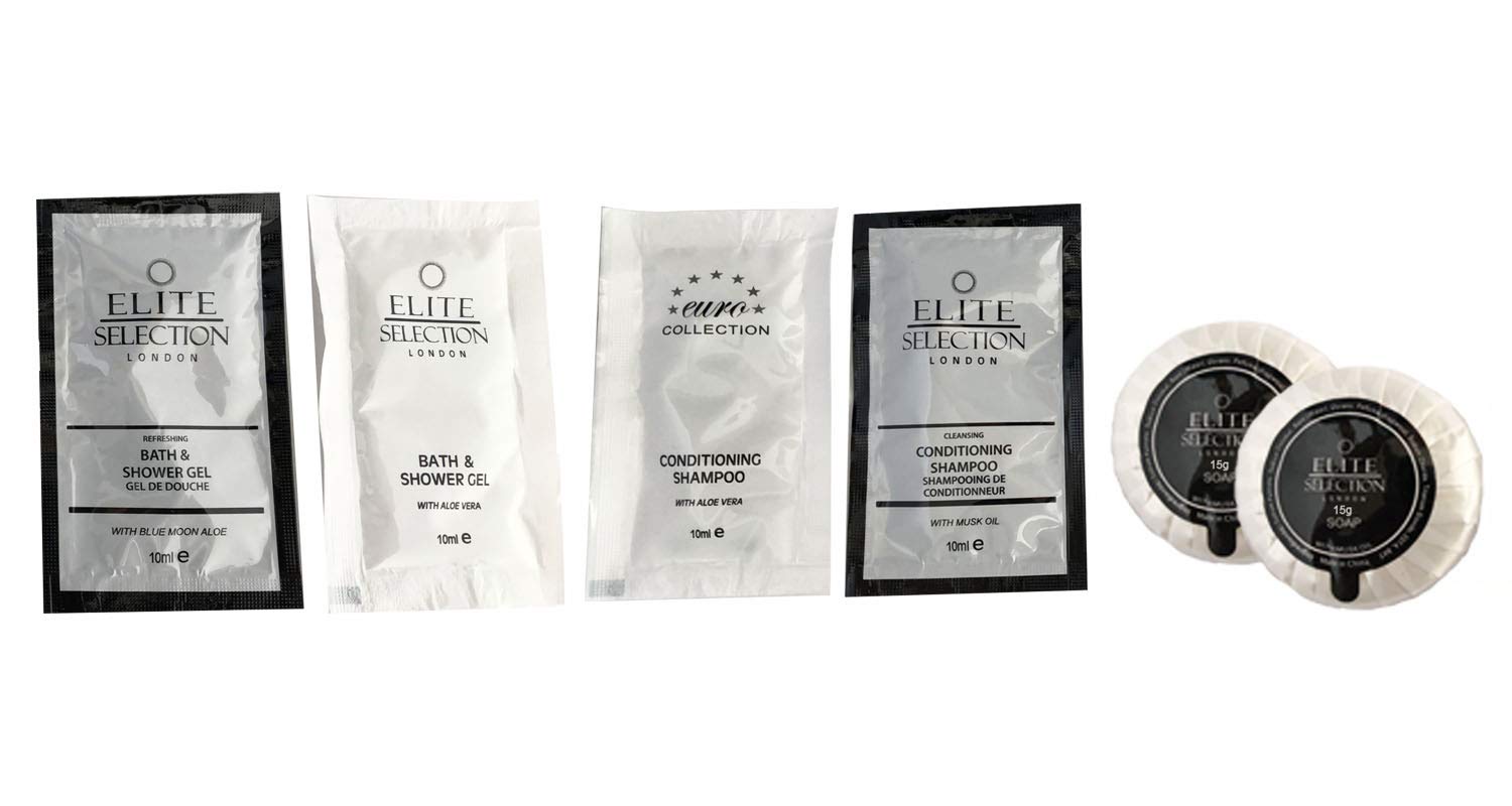 3 in 1 Eurosplash Hotel B&B Guest House Cleansing Conditioning Shampoo + Shower Gel 10 Mil SACHETS + Soap, Elite Selection London, Euro (Pack of 600)