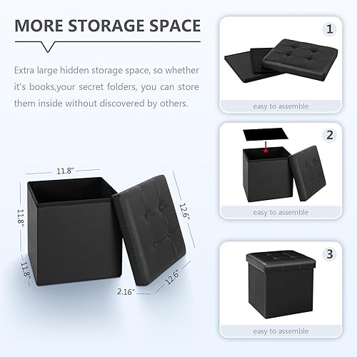 Miniatura 9 de B FSOBEIIALEO Cubo otomano de almacenamiento, baúl de almacenamiento, reposapiés plegable para sala de estar, 12.6 x 12.6 x 12.6 pulgadas (negro