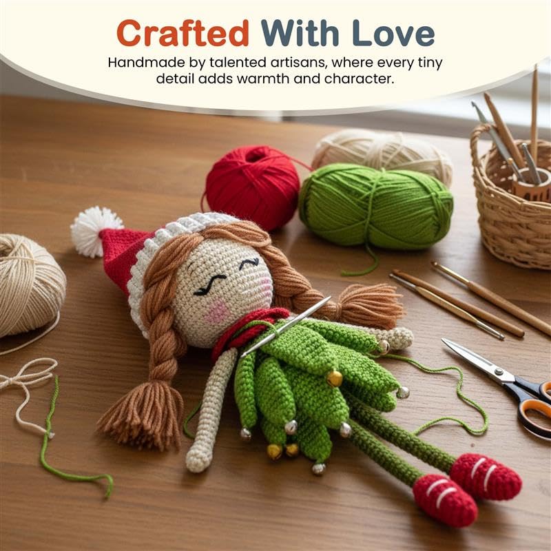 Image of Happy Threads Handmade Crocheted Elf Doll - 12 Inch | Festive Holiday Soft Toy | Cute Amigurumi Plush Decoration | Kids Gift, Home Decor Ornament and Gifting Item