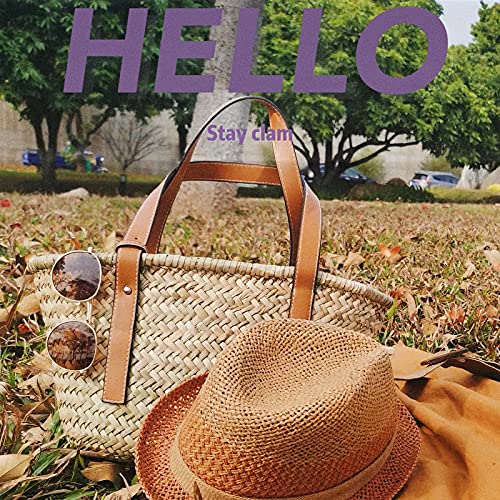 Image of Straw Basket Tote Bag for Women PU Leather Strap Hollow Woven Top Handle Straw Purses and Handbags