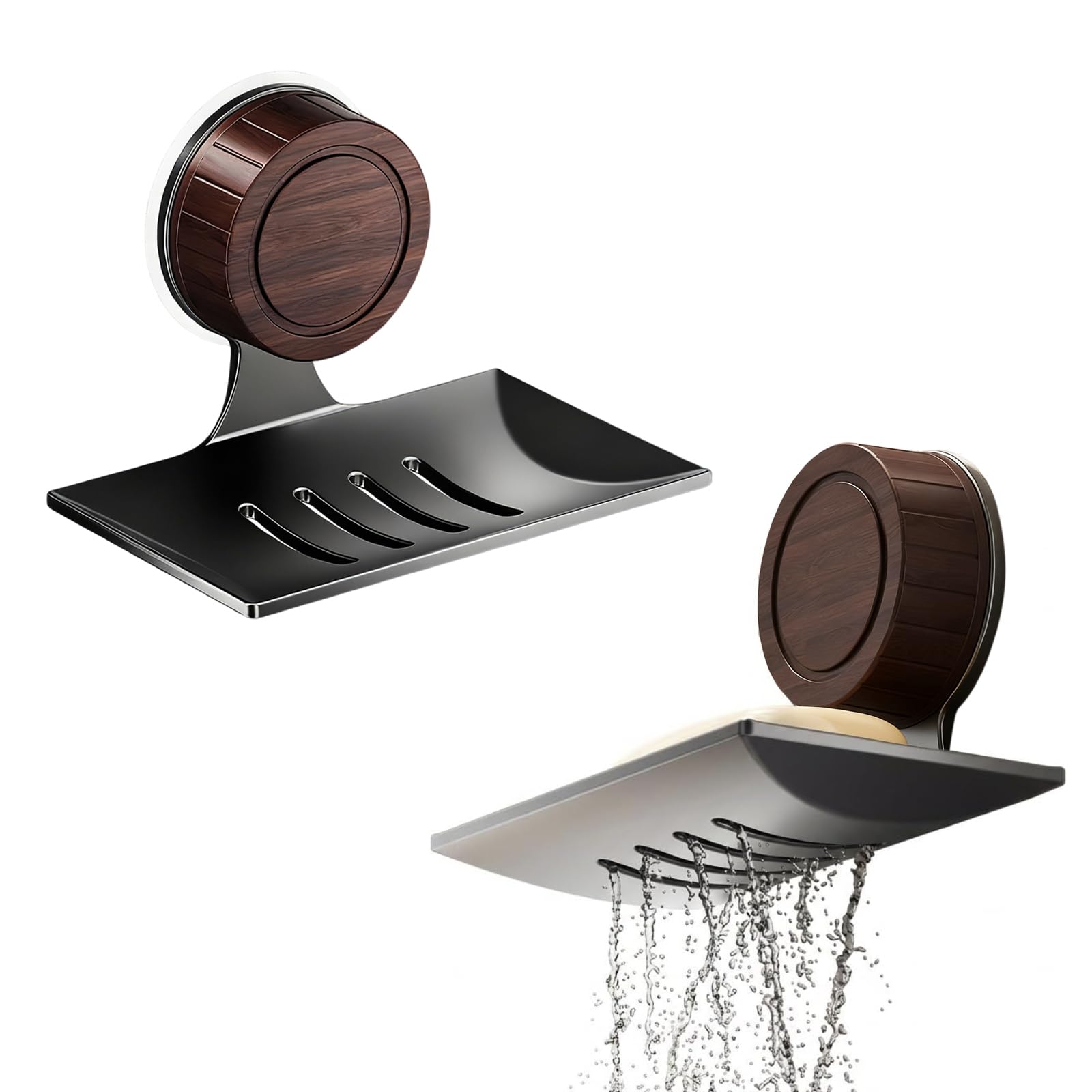 2PCS Gun Gray Wall Mounted Soap Holder, Drill-Free Shower Soap Dish with Oak Button, Self-Adhesive & Suction Soap Tray, Self-Draining Waterproof for Bathroom, Kitchen & Laundry Room