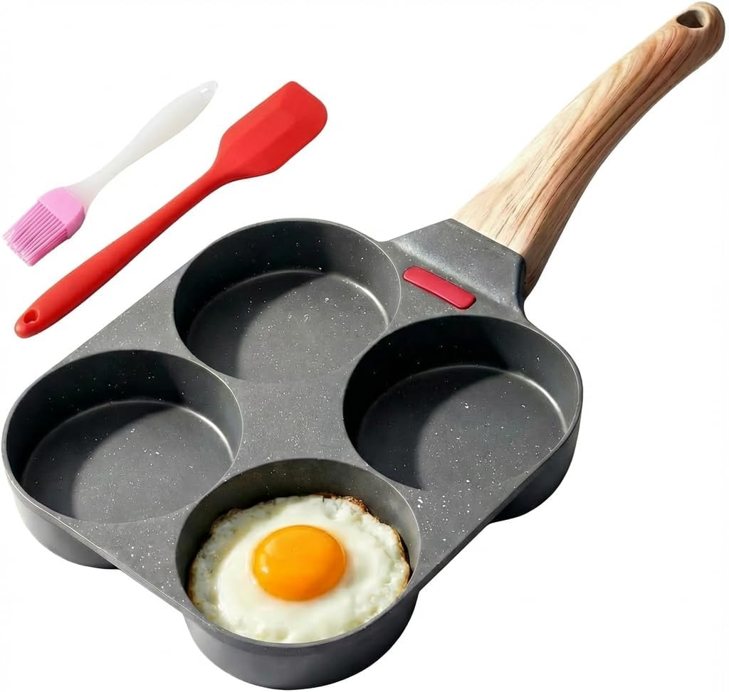 2pc 4-Cup Egg Pan Nonstick, Egg Frying Pan for Egg Mcmuffin, Omelettes, Breakfast, Induction & Gas Stove Compatible, Includes Silicone Oil Brush & Spatula