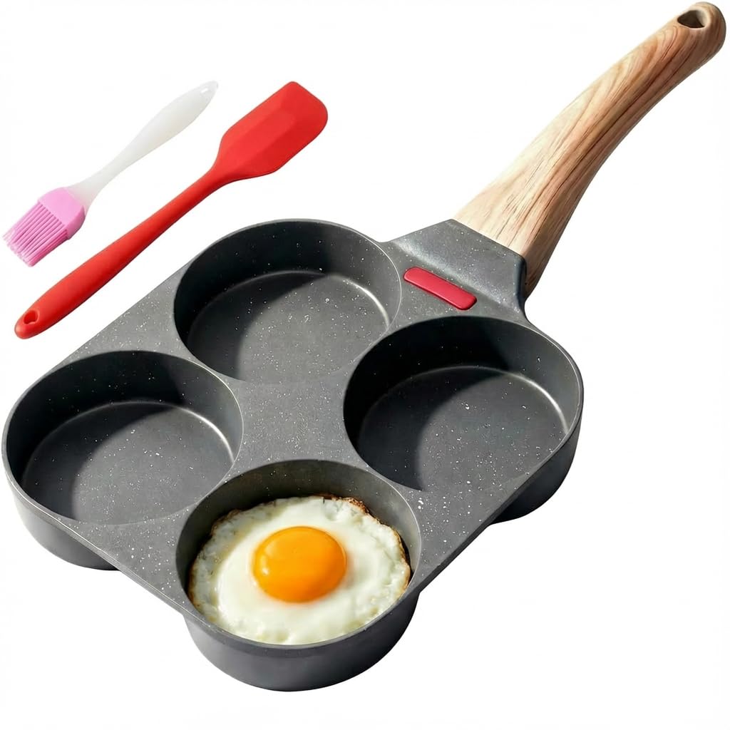4-Cup Egg Pan Nonstick Egg Frying Pan for Egg Mcmuffin Omelettes Breakfast Induction Gas Stove Compatible Includes Silicone