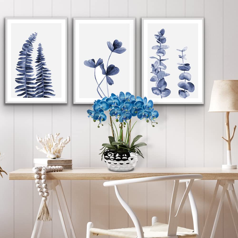 Briful - Orchidee artificiali da 46 cm, orchidea Phalaenopsis blu con vaso in ceramica argentata, orchidea finta per casa, ufficio, bagno e soggiorno, decorazione per la tavola