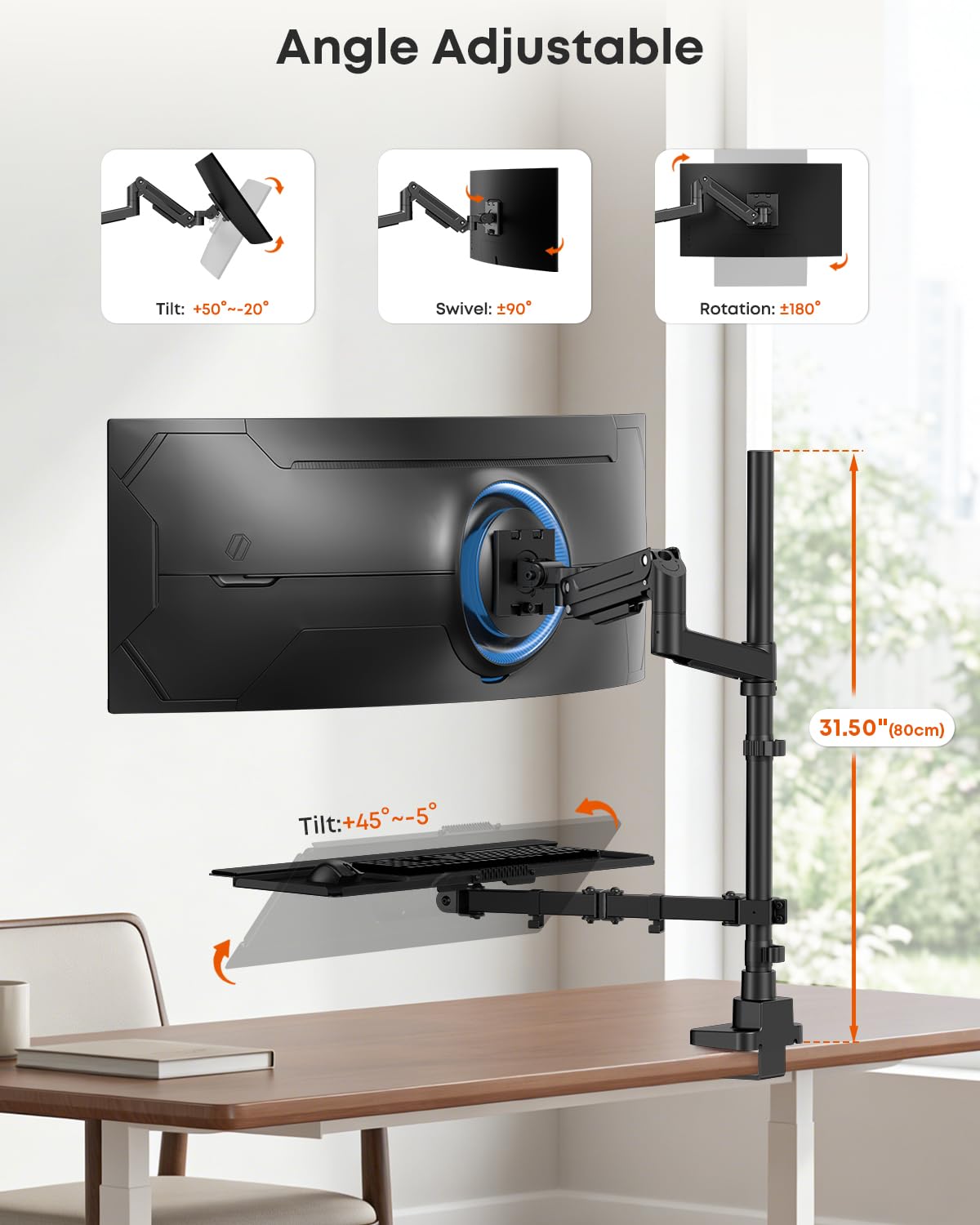 PUTPRSEN Soporte Monitor con Bandeja Teclado – Carga Pesada hasta 49 Pulgadas & 10 kg, Brazo con Gas Elevable Sentado-Pie, Ergonomico para Oficina y Teletrabajo, Gestión de Cables, Compatible VESA