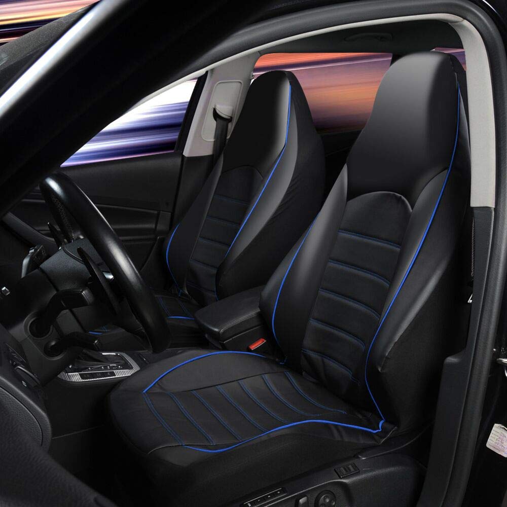 JSCARLIFE – Lot de 2 housses de sièges avant classiques de luxe en similicuir – Protège-sièges en similicuir imperméable – Compatible avec la plupart des voitures, SUV, camionnettes, camions (Bleu)