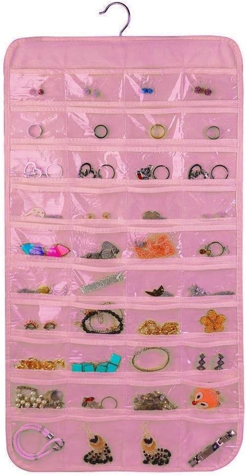 Image of Earring Organizer for Women | Hanging Jewellery Organiser with 48 Double-Sided Transparent Pockets | Earrings Holder, Necklace, Bangle Organizer | Jewelry Storage Organizer for Wardrobe Closet (Pink)