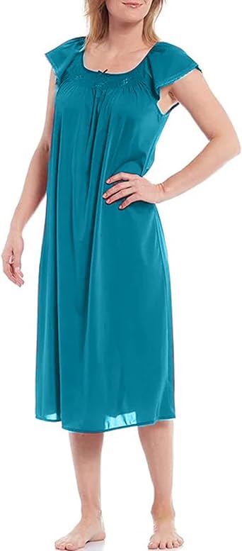 Miss Elaine Long Tricot Nightgown - Round Neckline, Embroidered Trim, Flutter Sleeves, Womens Sleepwear & Loungewear