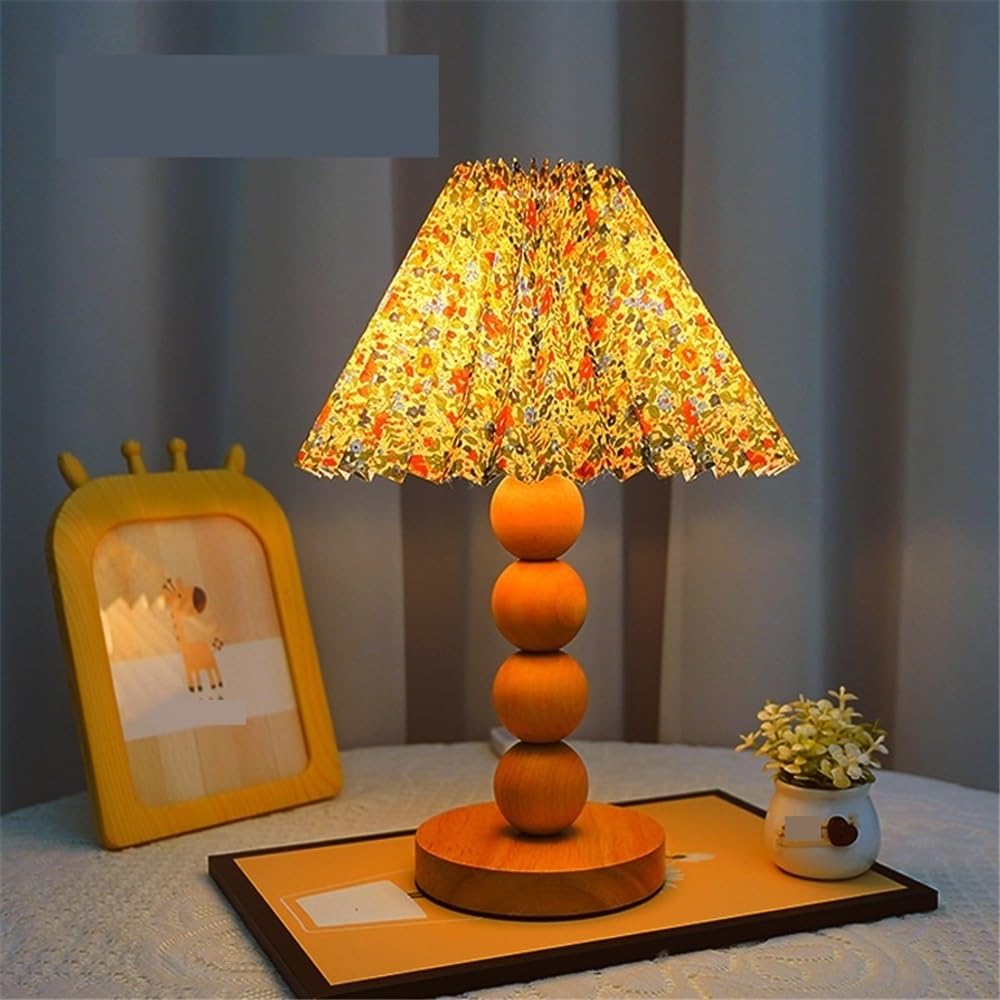 akcesoria do sypialni Retro Drewniana Stolik Nocny Sypialnia Lampa Stołowa z Abażurem Plisowanym Kwiatowym