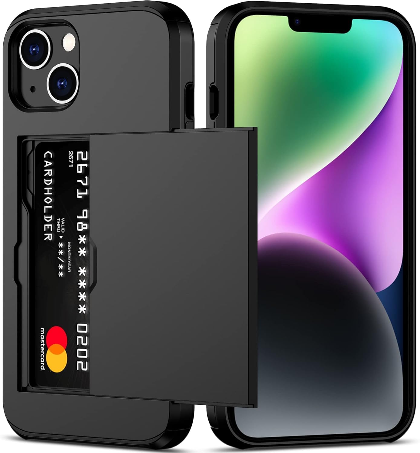 for iPhone 14 Case with Credit Card Holder, Areaphmet Wallet Case Slide Cover Dual Layer Hard PC Rubber Cover Phone Case for iPhone 14 6.1'' 2022 Black