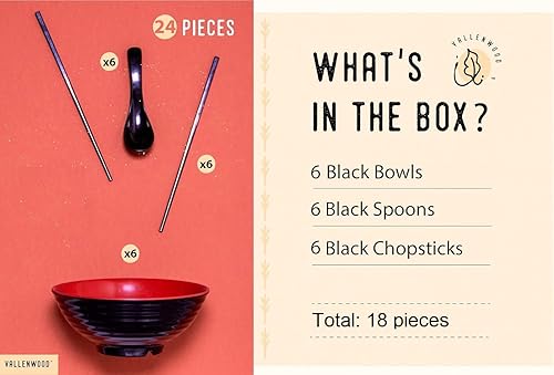 Miniatura 5 de Juego de 6 tazones de ramen, 18 piezas Pho. Sopa japonesa asiática roja y negra. Utensilio cucharas y palillos. Melamina. Fideos grandes de 37 oz,