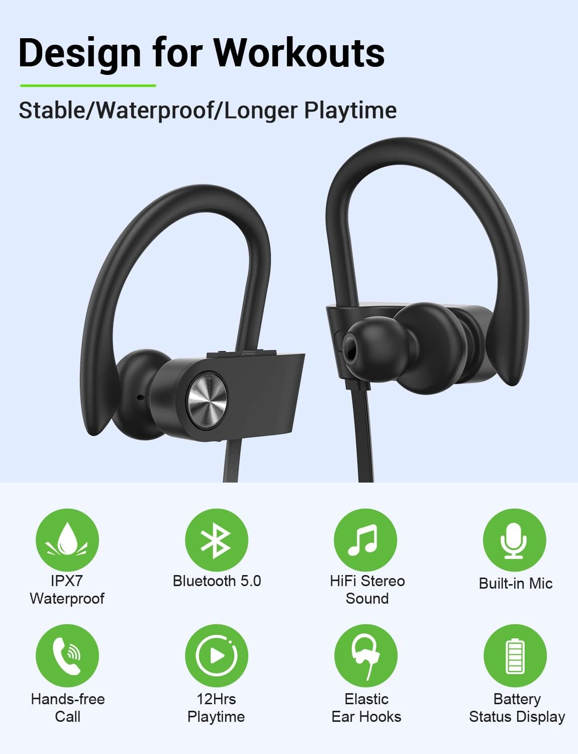 Stiive Bluetooth Headphones, Wireless Sports Earbuds IPX7 Waterproof with Mic, Stereo Sweatproof in-Ear Earphones, Noise Cancelling Headsets for Gym Running Workout, 12 Hour Playtime - BlackGrey : Electronics