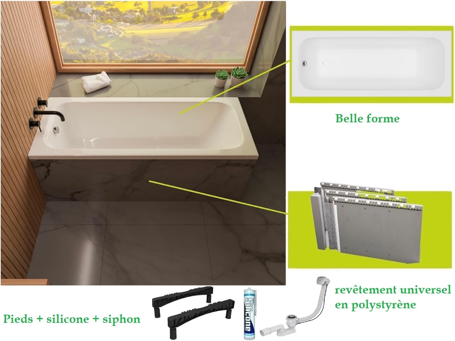 ECOLAM Baignoire Pola 180x75 cm revêtement polystyrène siphon silicone | Revêtement en polystyrène pour carrelage, Vidage et trop-plein automatique, Pieds inclus, Silicone inclus