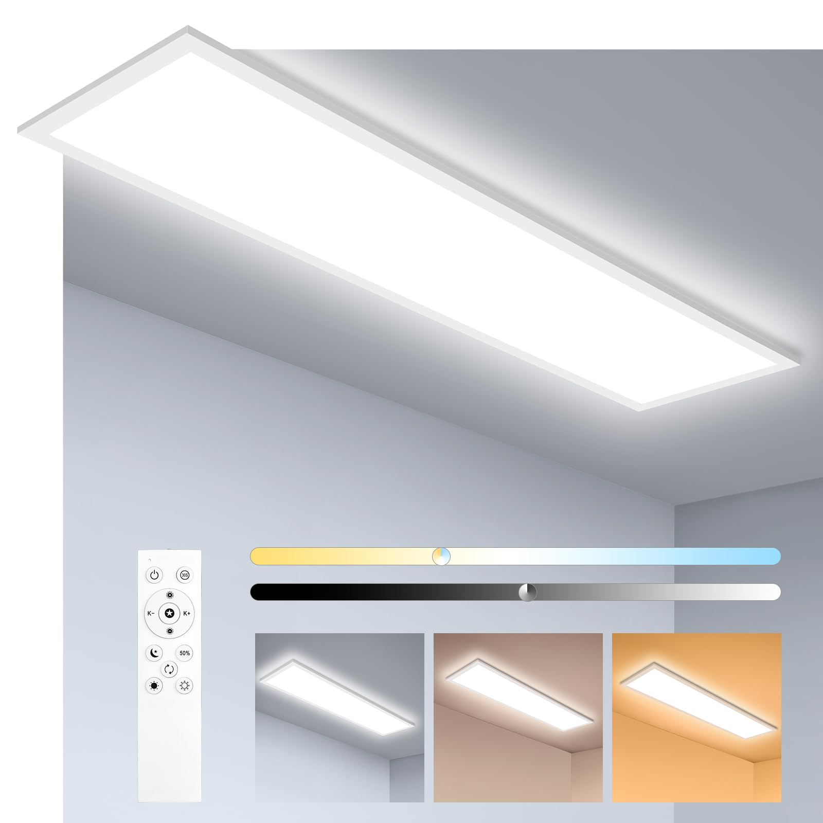 Oraymin Plafoniera a pannello LED Dimmerabile 120x30 cm con telecomando,36W 3960LM Pannello LED soffitto,Funzione di memoria,plafoniera rettangolare LED da 3000K-6500K cucina ufficio garage soggiorno