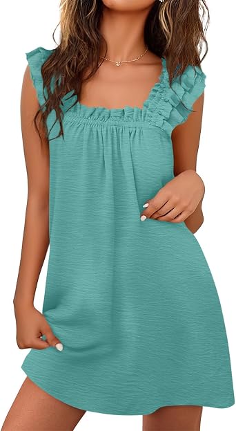Beessbest Womens Square Neck Dresses Smocked Ruffle Sleeveless Dress Tiered A Line Sundress Solid Color Mini Dress for Beach