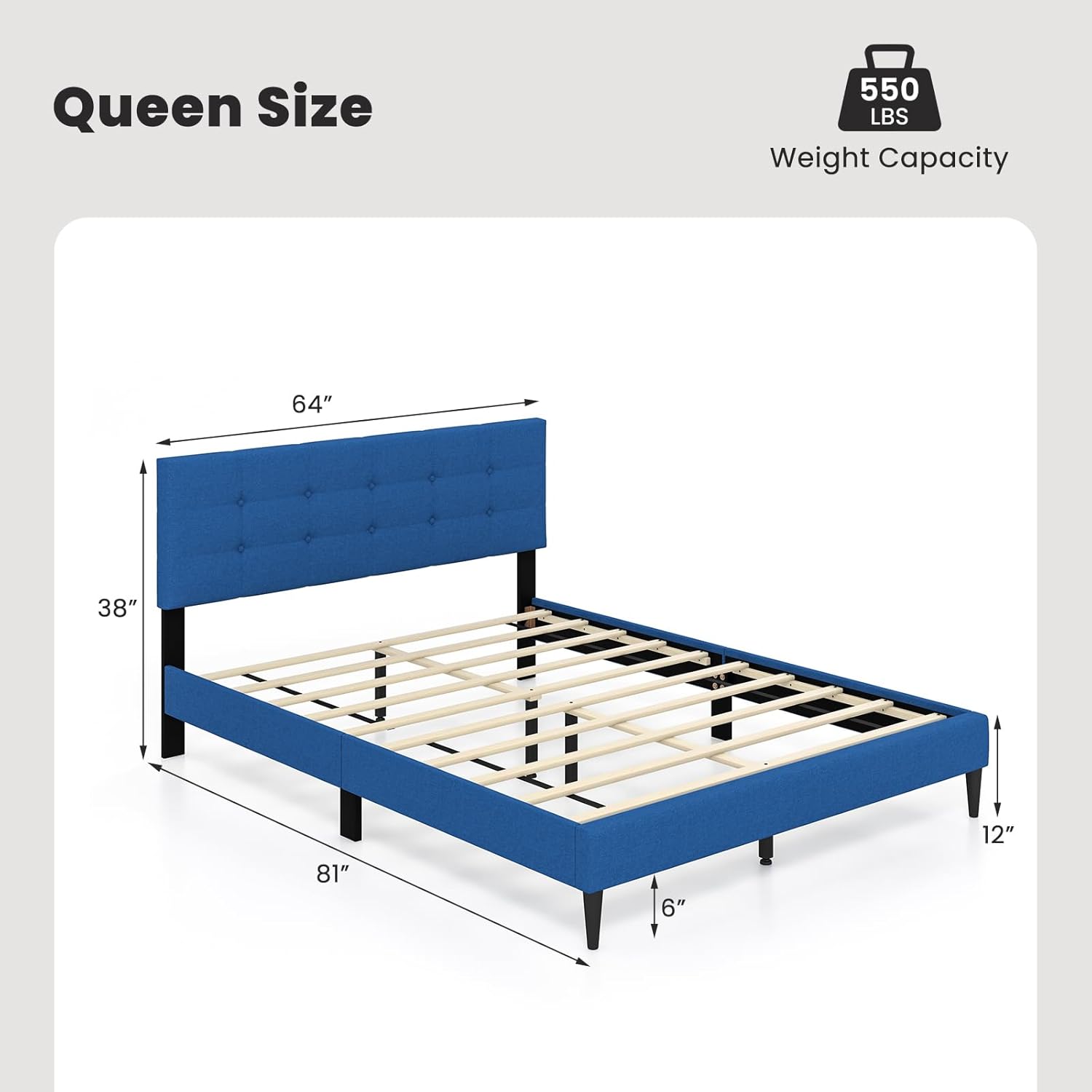 Giantex Queen Size Platform Bed Frame with Button Tufted Headboard and Wooden Slats, Modern Fabric Linen Upholstered Mattress Foundation, No Box Spring Needed, Easy Assembly, Navy Blue