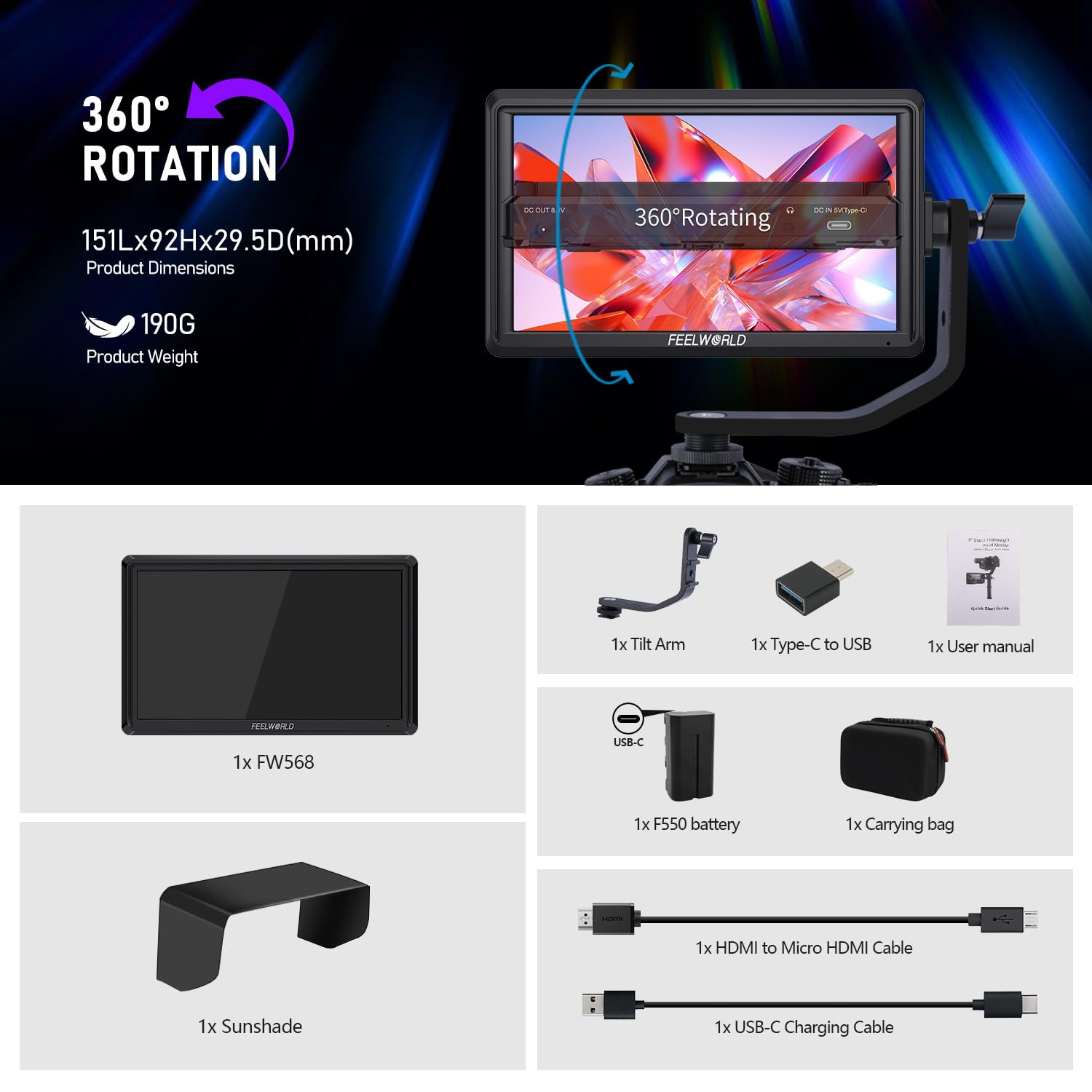 FEELWORLD FW568 V3 6 Pouces 4K Moniteur de caméra, Moniteur de caméra DSLR Full HD 1920 x 1080 3D lUT avec Batterie 2800 mAh, Sac de Transport, Pare-Soleil, entrée de Sortie HDMI, Bras inclinable