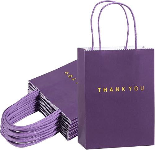 driew Paquete de 50 bolsas de regalo de agradecimiento, 5.9 x 3.1 x 8.3 pulgadas, bolsas de papel moradas con asas, bolsas de regalo moradas para
