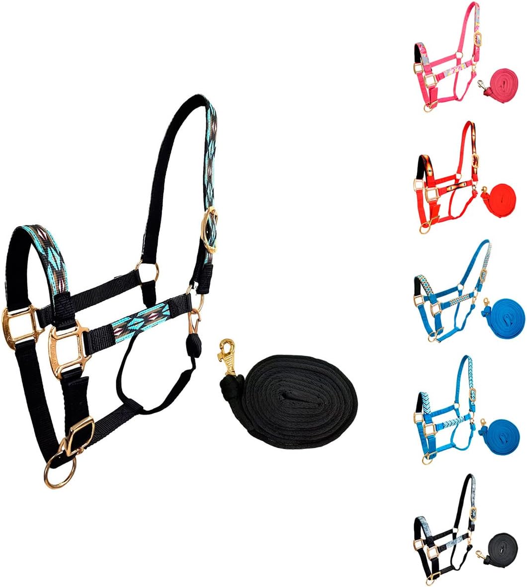 Tahoe Tack Patterned Nylon Adjustable Horse Halters with Matching 10’ Lead (Full Horse, Blue Aztec and Black)