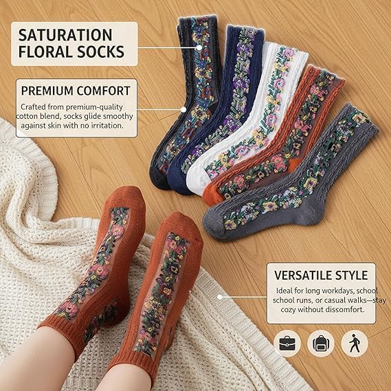 Saturatione Vintage Embroidered Floral Socks, Elegant Floral Crew Socks, Knitting Pattern Are Cute and Comfortable4