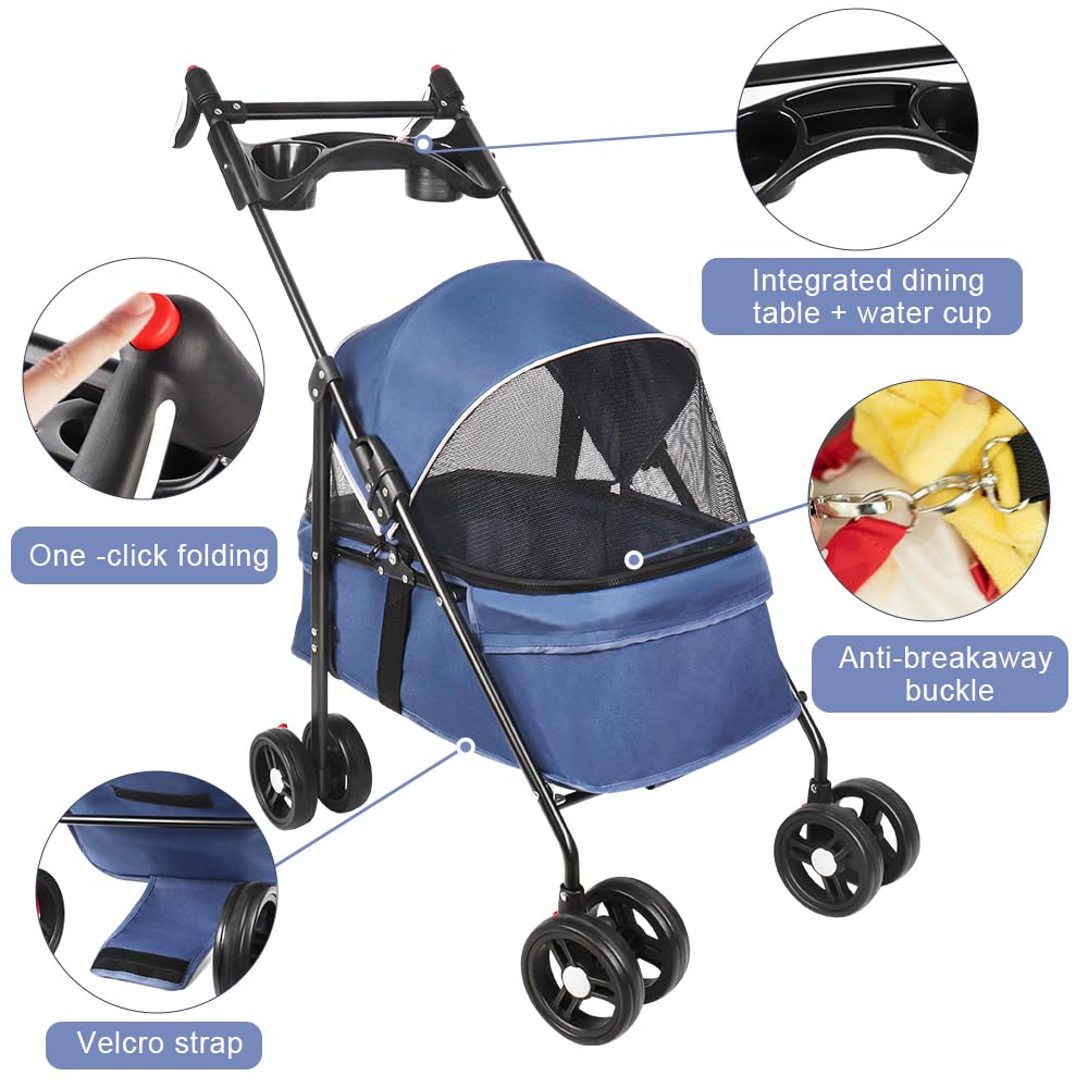 OHMG Hundebuggy, Kinderwagen für Hunde und Katzen, bis zu 25 kg, 4 Räder, zusammenklappbarer Kinderwagen für Reisen im Freien, faltbarer Trolley für Hunde, mit Netzfenster und Getränkehalter