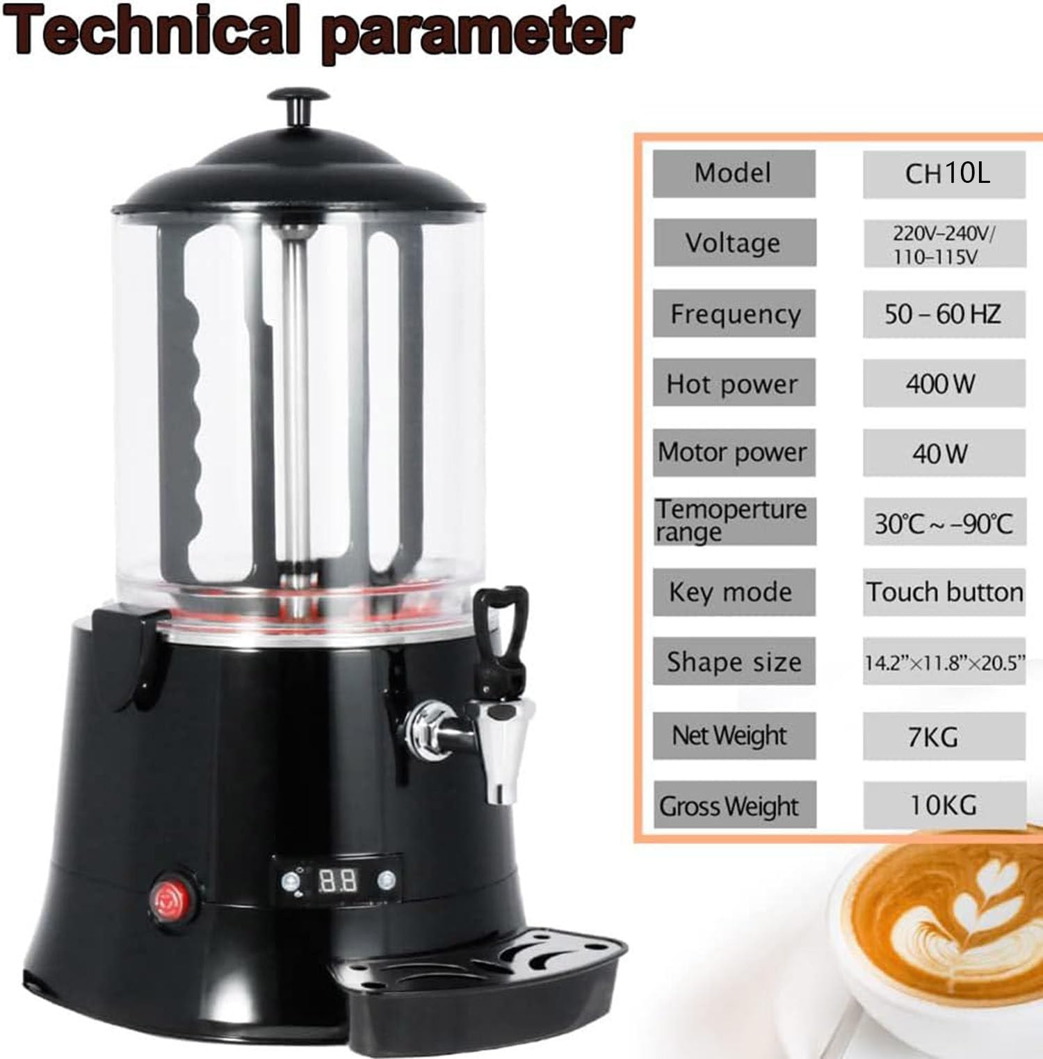 Distributeur de chocolat chaud commercial, température réglable de 0 à 90 ℃, capacité de 10 L, idéal pour chauffer le chocolat, le café, le lait, le thé et le jus