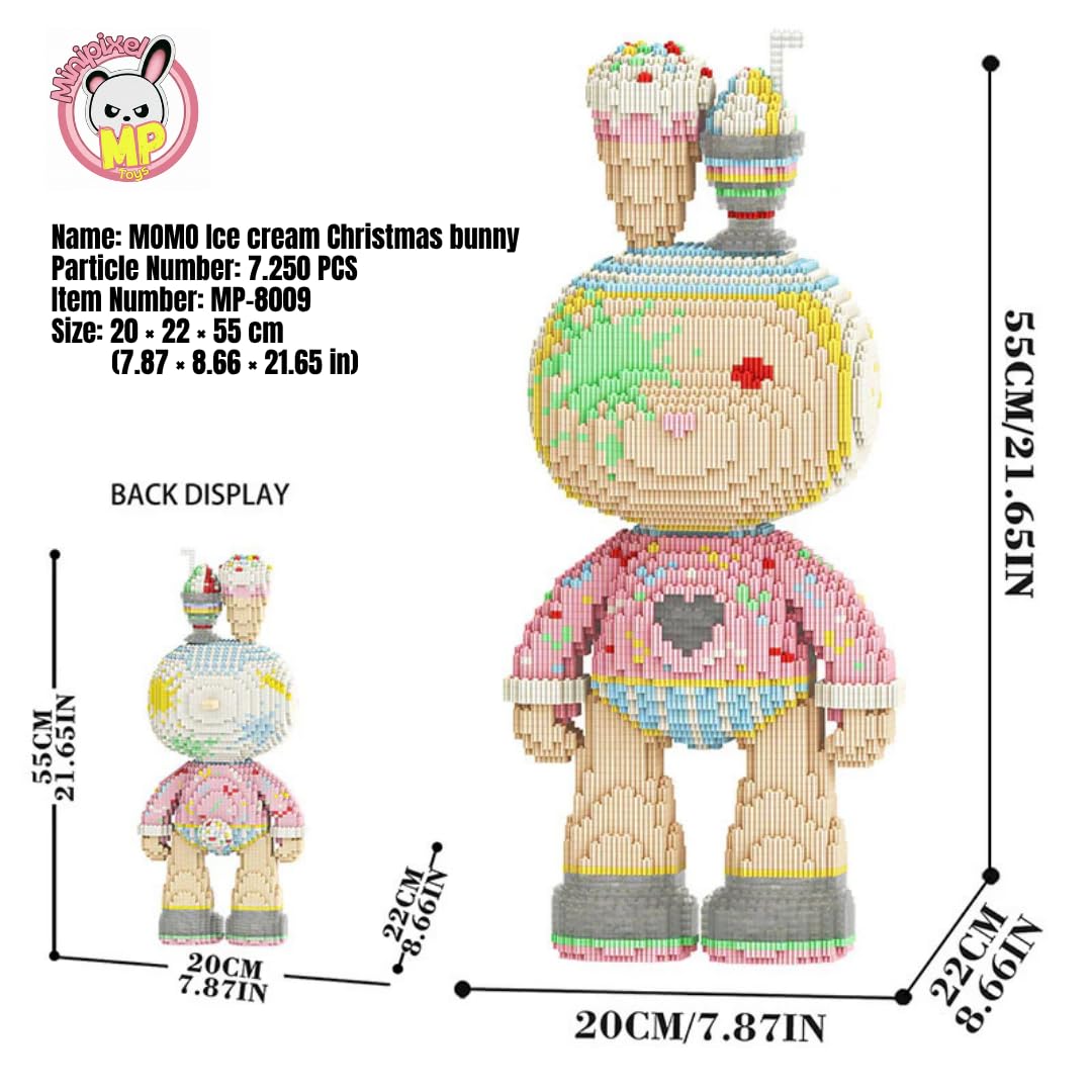 Generisch MP-8009 MOMO Ice Cream Bunny (7250 Teile), 55 cm, Eiscreme Weihnachts-Hase, Mikro-3D Klemmbaustein Set für Erwachsene und Jugendliche, Süße Deko & Sammlerstück