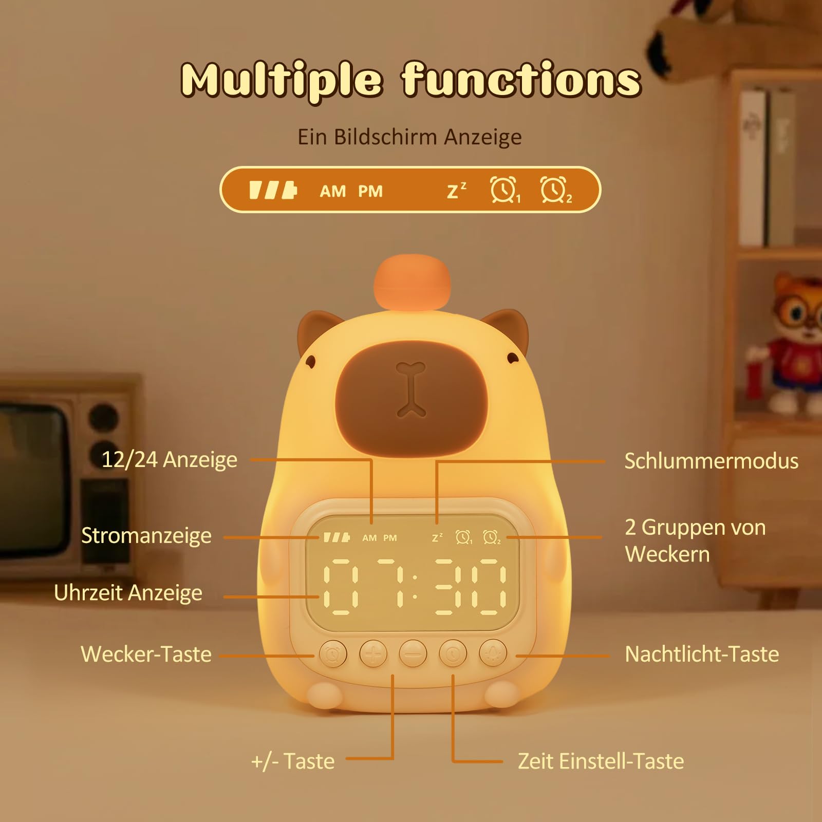 Yiliaw Capybara Wecker mit Nachtlicht für Kinder, 7 RGB-Farben Süße Wecker für Schlafzimmer, Ok to Wake Silikon Tier Tischlampe für Teenager-Mädchen und Jungen