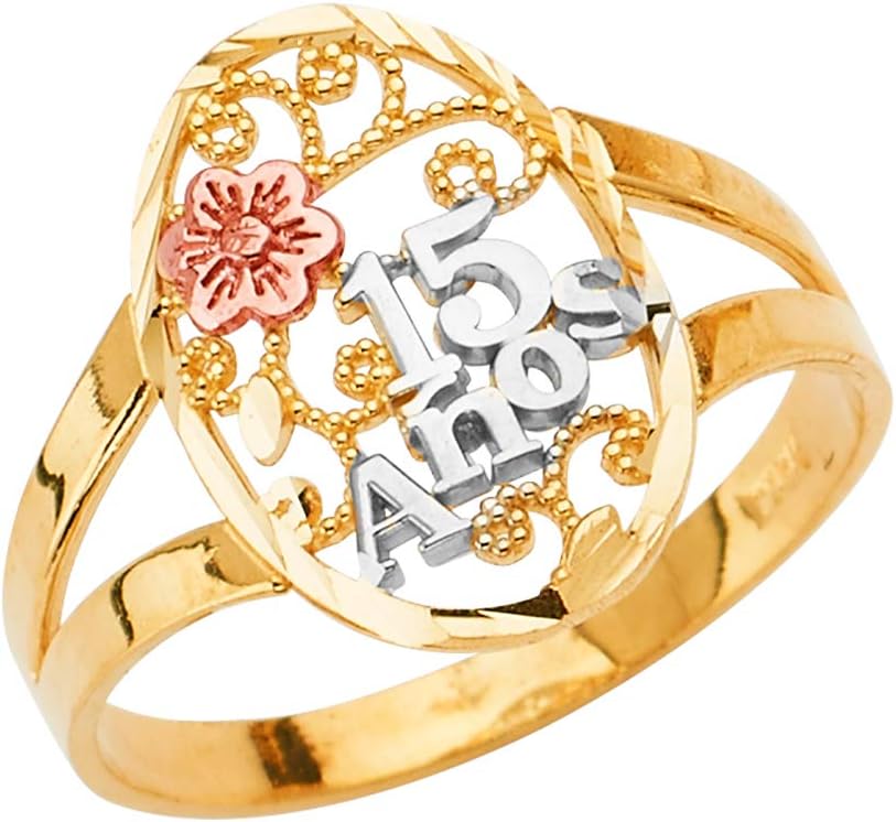 Ioka -14K Solid Tri Color Gold Sweet 15 Anos 15 Years Birthday Quinceanera Flower Ring