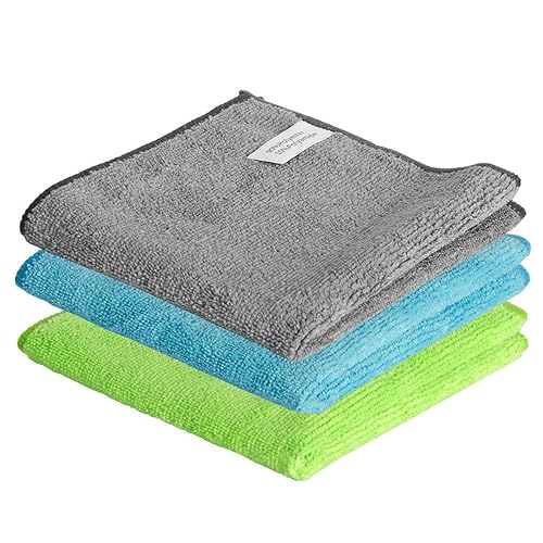KyltoSynth Microfiber Cleaning Cloth, 3 Pcs 11.4 inch x 11.4 inch, Cleaning Rags,Microfiber Cloth, Multi-Functional Cleaning Towels, for Car Detailing, Home, Kitchen (Gray, Green, Blue)