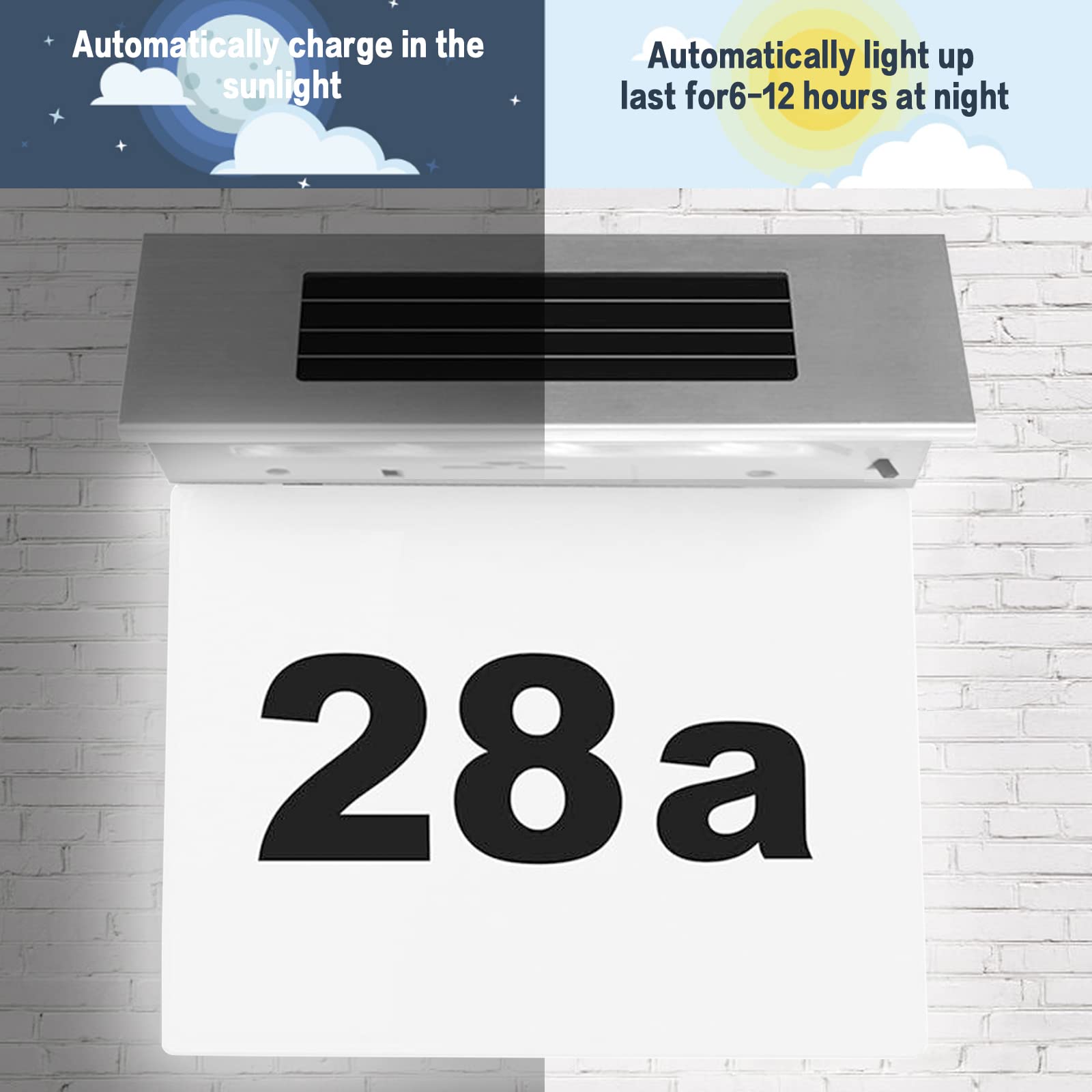 Huisnummer verlicht zonne-energie, huisnummerplaat, IP65 waterdicht, roestvrij staal huisnummerlicht, huisnummers zonne-energie met letters a-h, nummers 0-9 Huisnummer verlicht zonne-energie, huisnummerplaat, IP65 waterdicht, roestvrij staal huisnummerlicht, huisnummers zonne-energie met letters a-h, nummers 0-9