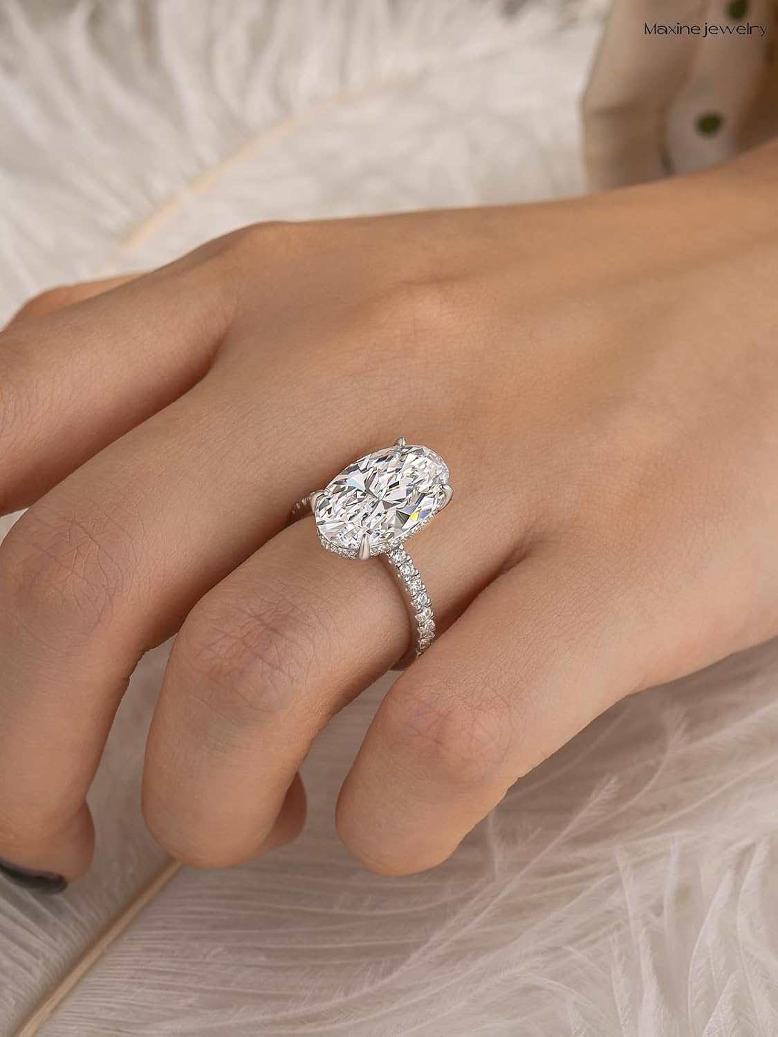 Maxinejewelry 6.5 Carats Oval Cut Engagement Ring for Women, S925 Sterling Silver 5A Cubic Zirconia Hidden Halo Promise Ring