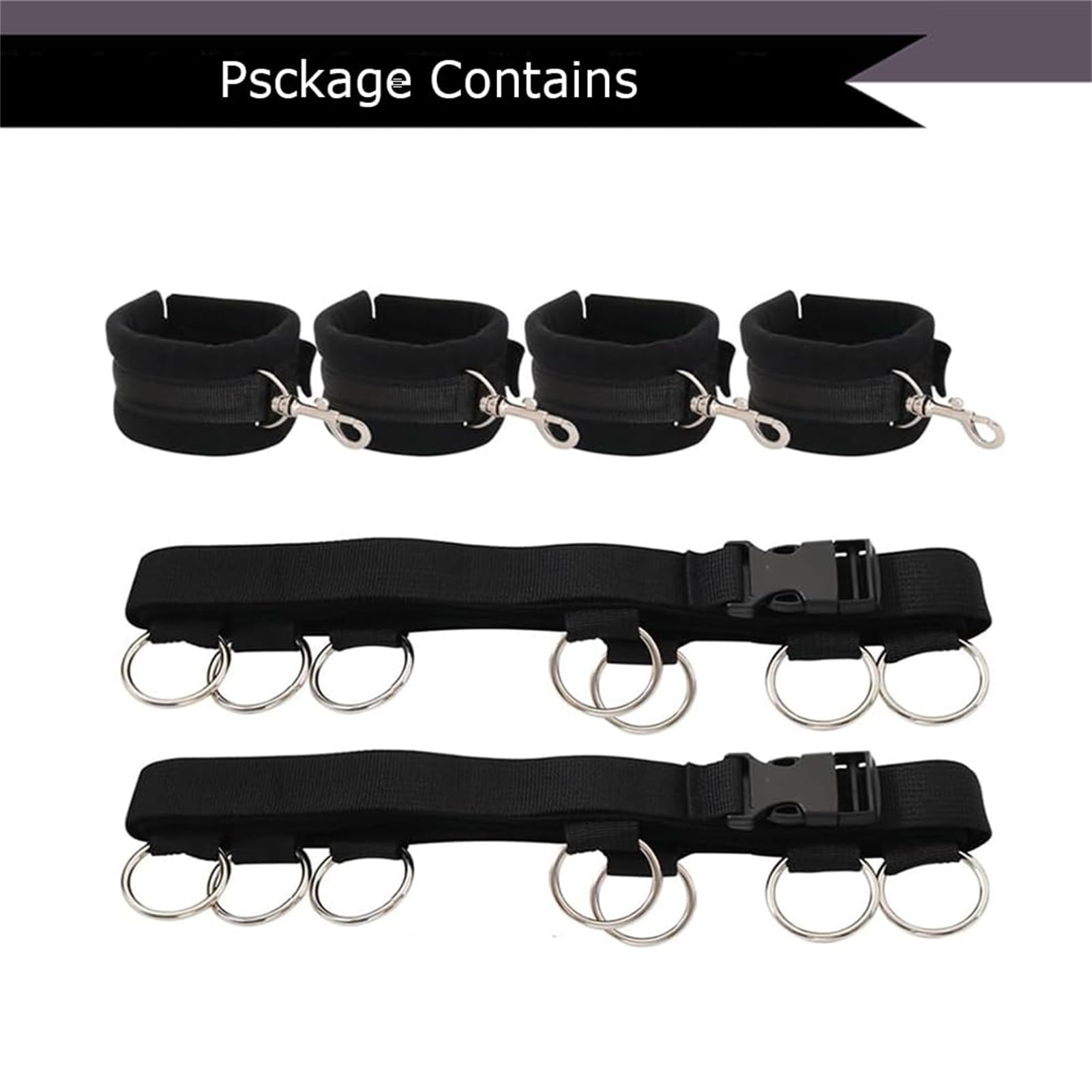 Cintura Regolabile per Letto, Colore Nero, con Polsini e Cavigliere, Set Completo di Cinghie e Fibbie