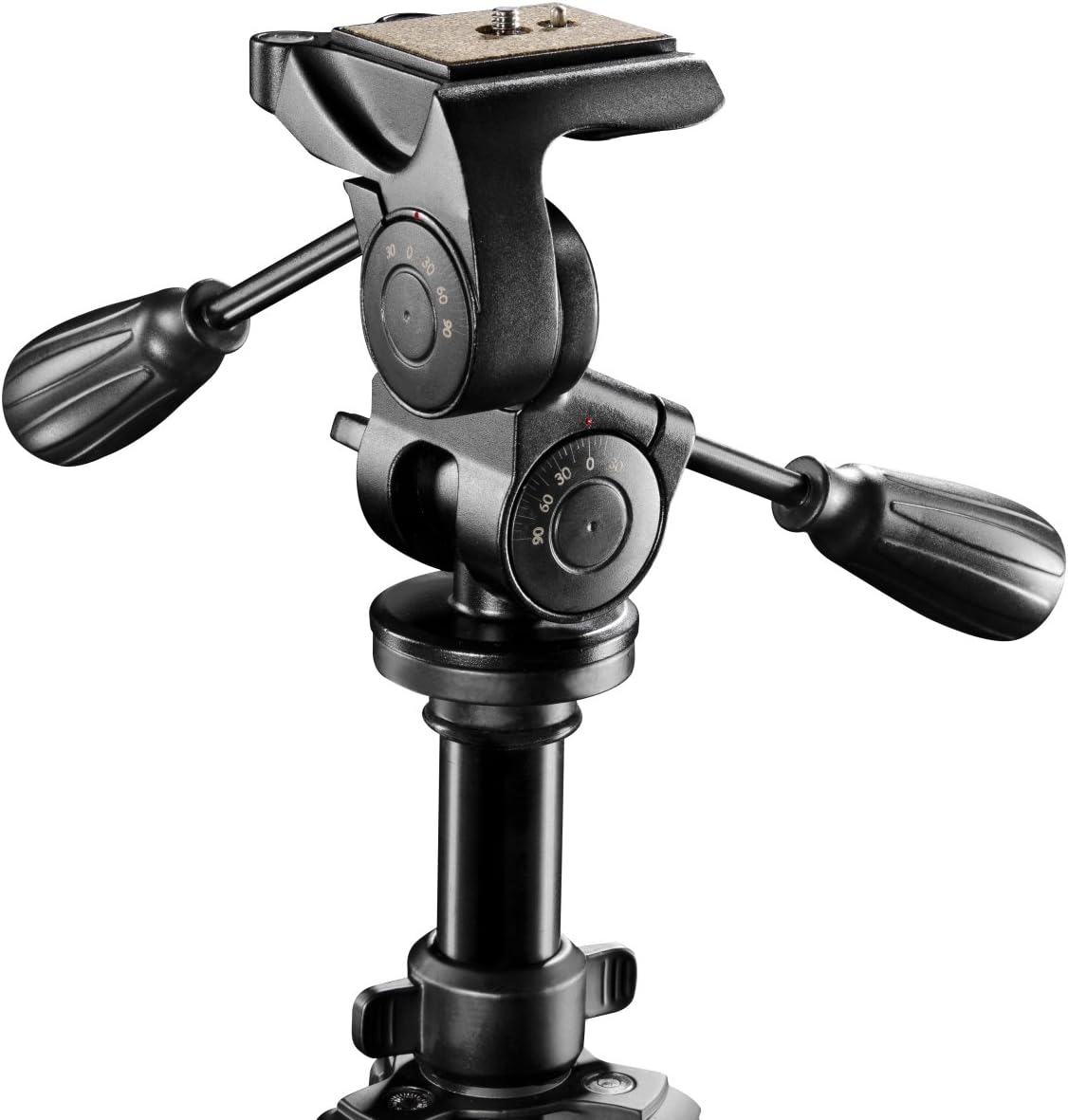 Front view of the 3D panhead showing pan and tilt adjustment knobs