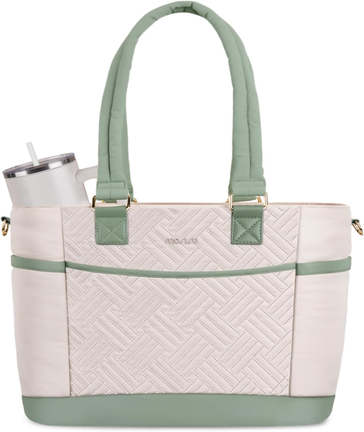 MOSISO Laptop Tote Bag for Women, Puffy Lightweight Work Tote Bag with Laptop Compartment&Trolley Belt, 15.6 inch Large Capacity Handbag Shoulder Bags for College Teacher Work Office Nurse,Beige&Green